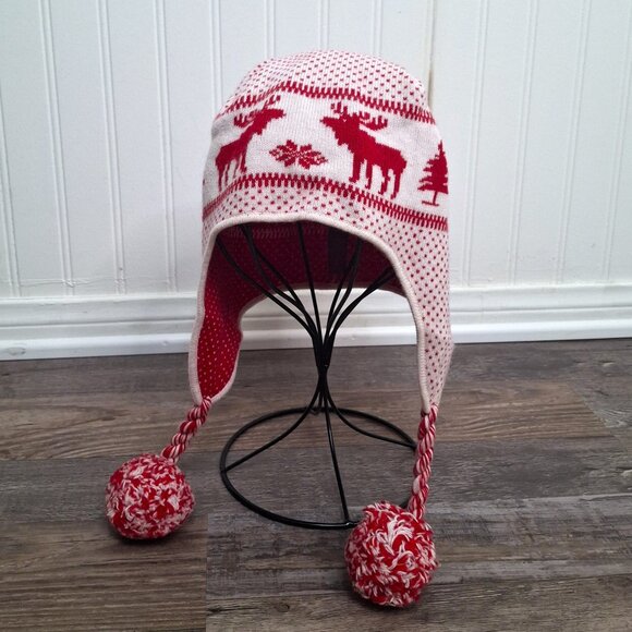 Abercrombie & Fitch Earflap Beanie Sz O/S Moose Wool Blend Pom Pom Fair Isle - Picture 1 of 15